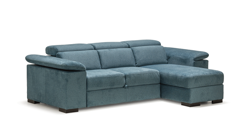 Angolare 3 posti con carrello “delfino” e chaise longue piccola contenitore, in tessuto antimacchia.
